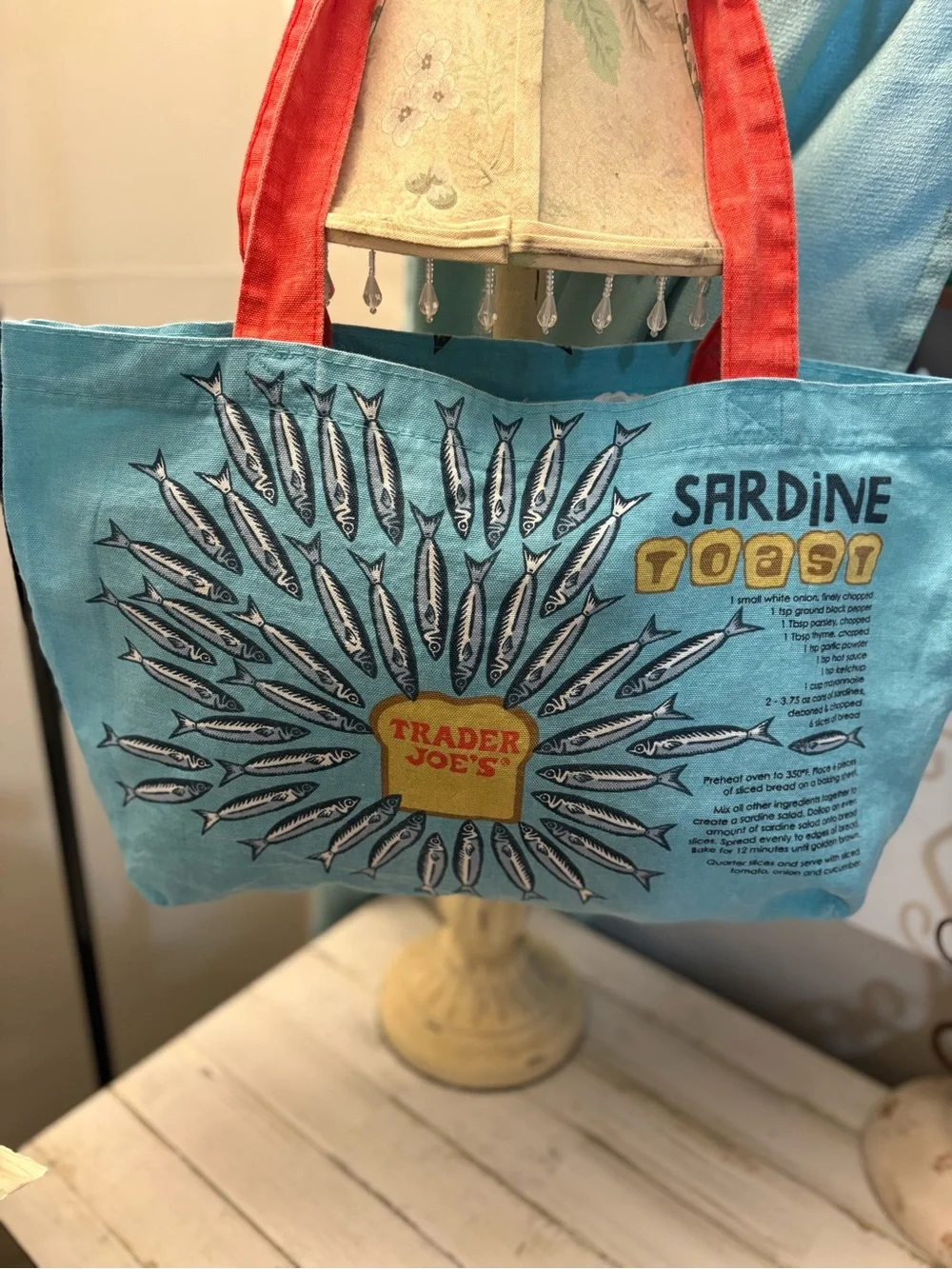 Trader Joe's Sardines Canvas Tote Bag in Turquoise and Red